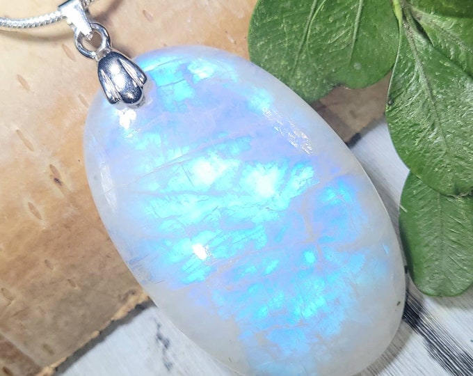 Moonstone Pendant, Rainbow Moonstone Oval Cabochon Sterling Silver Pendant, Full Multi Flash Moonstone, Gift for Her, Handmade Pendant, DU08