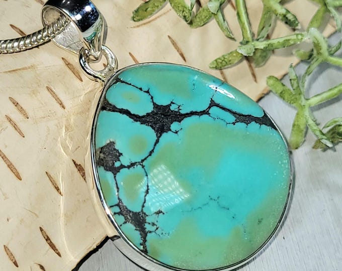 Tibet Turquoise Pendant, Sterling Silver Turquoise Pendant, Tibetan Turquoise Boho Pendant, Statement Pendant HT07 Boho Pendant