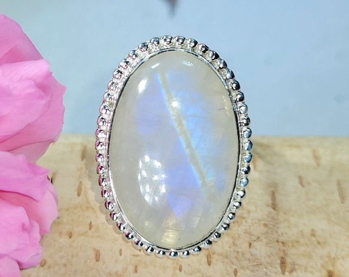 Natural Premium Grade Oval Moonstone Handmade .925 Sterling Silver Ring Size 8.5 Genuine High Quality Moonstone Gift for Her