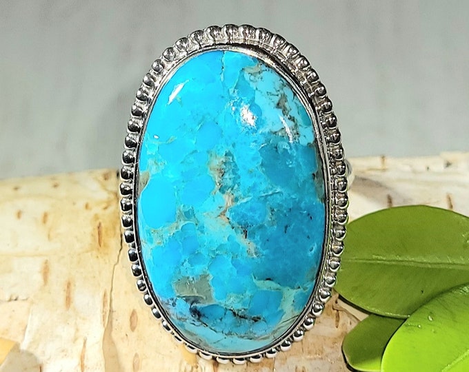 Natural AAA Grade Arizona Kingman Turquoise .925 Sterling Silver Ring Size 8.5 Weighs 10 Grams Face Measures 1 3/16" x 13/16" AH34
