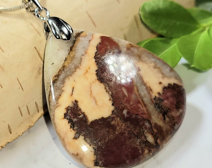 Natural Premium Red River Jasper Pear Cabochon 60ct .925 Sterling Silver Pendant 2" x 1 3/8" CL02 Rhodium Plated Solid Sterling Silver Bail
