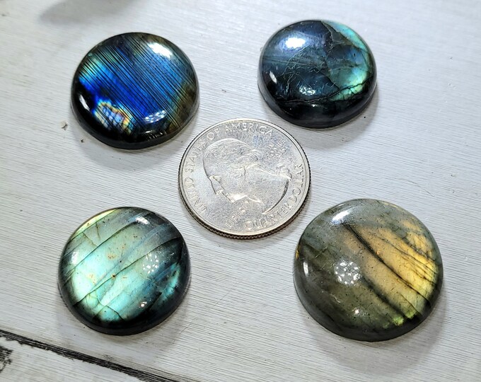 Natural Multi-Flash Labradorite Round Cabochons 140ct 4 Stone Lot Wire Wrapping, Weaving, Pendant or Ring Mixed Sizes CK16 Gift Her or Him
