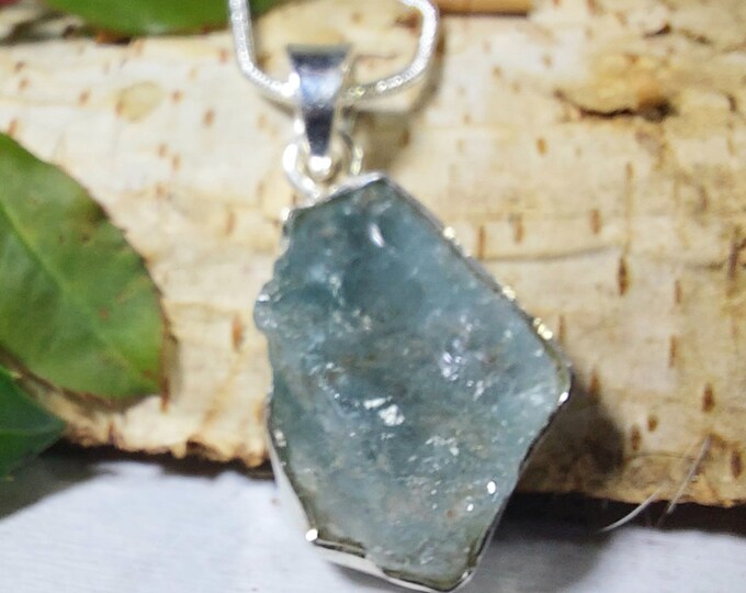 Natural Raw Aquaprase Rough Cut Handcrafted Pendant .925 Sterling Silver Pendant GT04