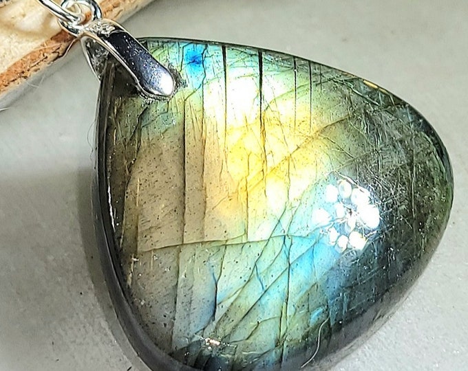 Natural Top Grade Multi Flash Labradorite Pear Cabochon  .925 Sterling Silver Pendant 1 3/8" x 1" EE30