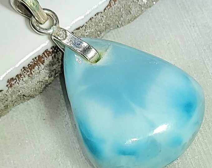 Natural Top Quality Dominican Larimar Cabochon .925 Sterling Silver Pendant 1 3/8" x 13/16" 6 Grams EC15 Sterling Silver Bail