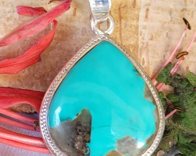 Natural Premium Grade Arizona Kingman Turquoise Pear Handmade .925 Sterling Silver Pendant 1 1/2" x 1" 13 grams CW31
