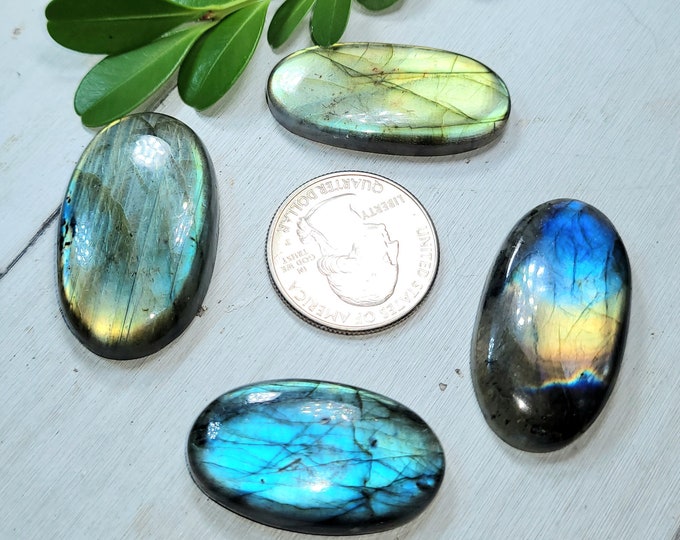 Natural Multi-Flash Labradorite Oval Cabochons 165ct 4 Stone Lot Wire Wrapping, Weaving, Pendant or Ring Mixed Sizes CJ29 Gift Her or Him