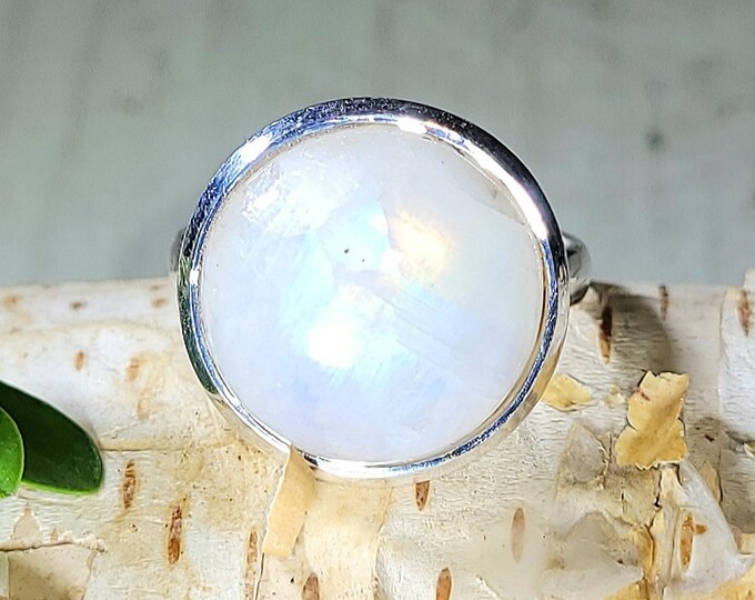 Natural High Quality Round Blue Flash Moonstone .925 Sterling Silver Ring Size 6.5 4 Grams 5/8" EZ34