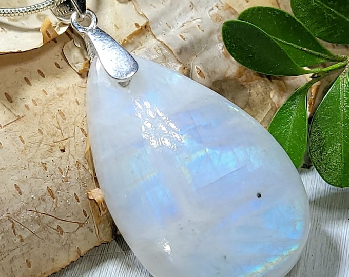 Natural High Quality Rainbow Moonstone Pear Cabochon .925 Sterling Silver Pendant 2" x 1" AR16 Sterling Silver Bail