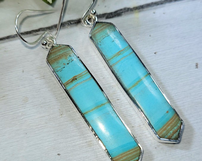 Blue Opal Earrings, Petrified Wood Earrings, .925 Sterling Silver Blue Opalized Petrified Earrings, Sterling Silver Blue Opal earrings