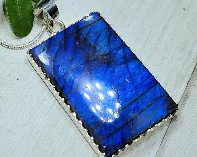 Natural AAA Grade Blue Full Flash Labradorite Rectangle Handmade .925 Sterling Silver Pendant 2" x 1" 18 Grams CA33