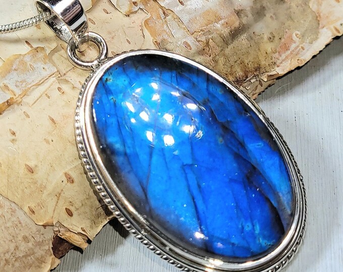 Natural High Grade Blue Full Flash Labradorite Oval Handmade .925 Sterling Silver Pendant 2" x  1" 13 Grams AL49