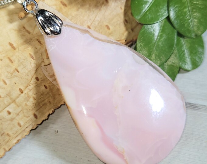 Natural AAA Peru Pink Opal Pear Cabochon Handmade .925 Sterling Silver Pendant 2 1/8" x 1" CT30 Rhodium Plated Solid Sterling Silver Bail