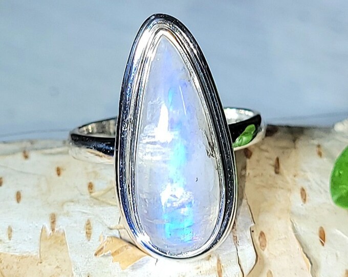 Natural Premium Grade Blue Flash Moonstone Pear .925 Sterling Silver Ring Size 5.5 5 Grams  7/8" x 7/16" EX35
