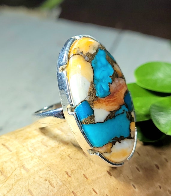 スパイニーオイスターターコイズスターリングシルバーリング（銅入り