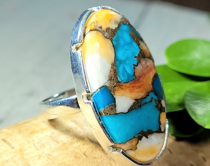Spiny Oyster Turquoise Ring with Copper, Spiny Oyster Turquoise .925 Sterling Silver Ring, Size 8.25 Spiny Oyster Turquoise Ring.