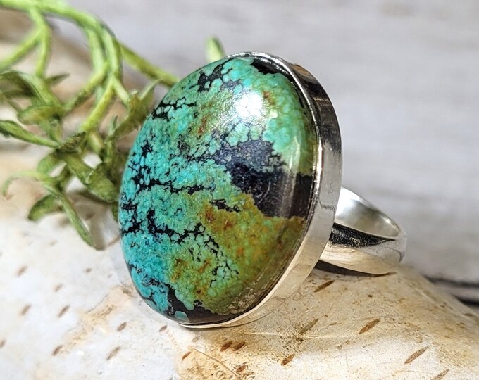 Tibetan Turquoise Sterling Silver Ring, Turquoise Boho Ring, Statement Ring; Handmade Ring, Premium Tibet Turquoise,Quality Ring Size 8 GK