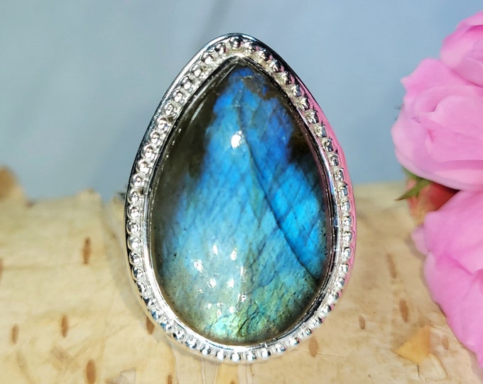 Natural Premium Grade Blue Flash Pear Labradorite Handmade .925 Sterling Silver Ring Size 6.5 Genuine Blue Lab Gift for Her