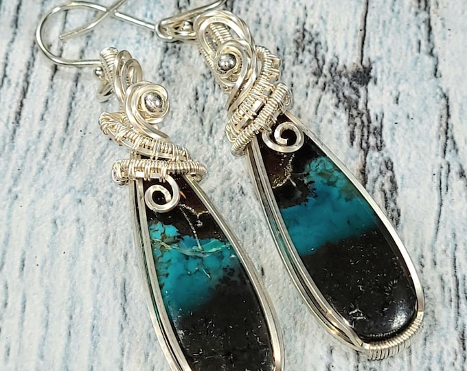 Blue Opalized Wood Earrings, Opalized Sterling Silver Wire Wrapped Earrings, Petrified Wood Earrings, Handmade Earrings, Gift for Her JF24
