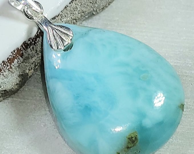 Natural Top Quality Dominican Larimar Cabochon .925 Sterling Silver Pendant 1 3/8" x 3/4" 5 Grams ED07 Sterling Silver Bail