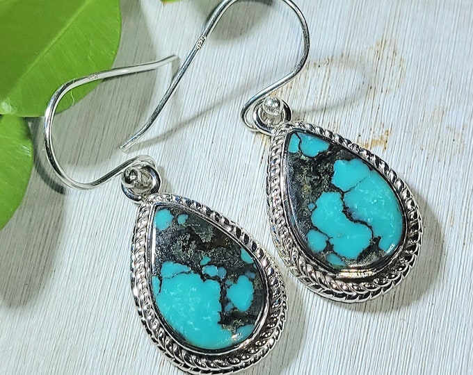 Natural High Grade Tibet Turquoise .925 Sterling Silver Earrings 7 Grams 1 7/16" x 9/16" ER14