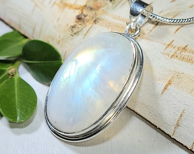 Natural AAA Grade Blue Flash Moonstone .925 Sterling Silver Pendant 1 7/8" x 1" 14 Grams EJ40