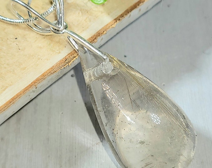 Natural Top Quality Rutilated Quartz Cabochon .925 Sterling Silver Pendant 2 1/8" x 3/4" EH15 Sterling Silver Designer Bail