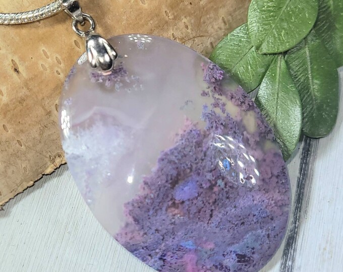 Moss Agate Pendant, Oval Moss Agate Sterling Silver Pendant, Purple, Multi Color Moss Agate Pendant, Handmade Pendant, Statement Pendant, DU