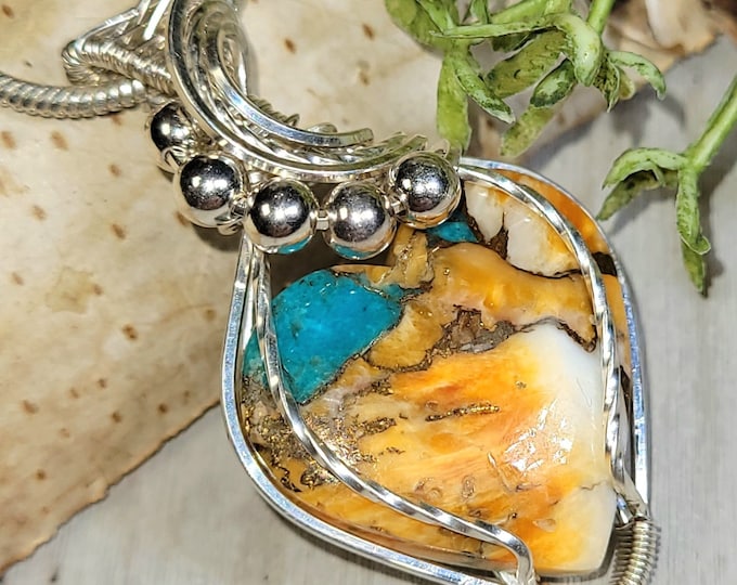 Spiny Oyster Turquoise Sterling Silver Pendant: Wire Wrapped Heart Jewelry
