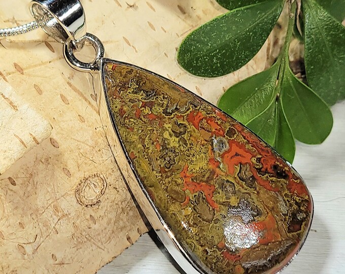 Natural Top Grade Colorful Seam Agate Pear Handmade .925 Sterling Silver Pendant 2" x 7/8" 9 Grams AQ17