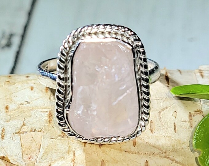 Natural High Quality Raw Rough Cut Rose Quartz Handmade .925 Sterling Silver Ring Size 8.5 6 Grams 3/4" x 5/8" CB31