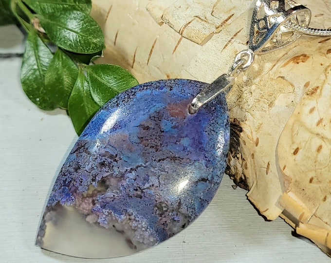 Natural Premium Grade Plume Purple Moss Agate Cabochon .925 Sterling Silver Pendant 2 3/8" x 1 AT21 Heavy Duty Designer Sterling Silver Bail