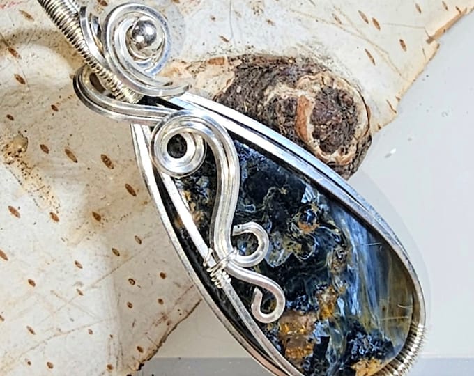 Pietersite Pendant, Blue Pietersite Wire Wrapped Sterling Silver Pendant, Handmade Pietersite Pendant, Statement Pendant, Gift for Her, GD26