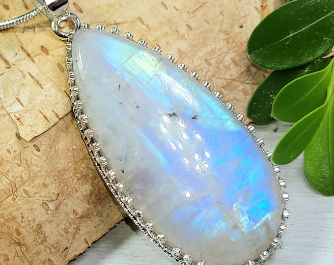 Natural Premium Grade Multi Full Flash Rainbow Moonstone .925 Sterling Silver Pendant Measures 2 1/4" x 15/16" 15 Grams CE09