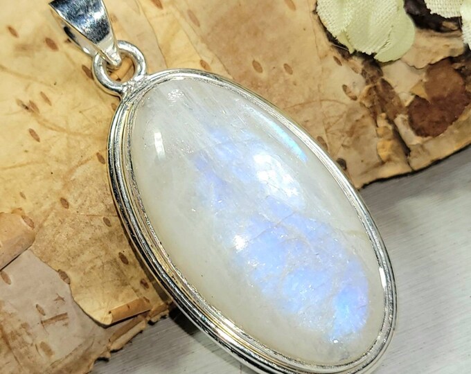 Natural Top Grade Blue Flash Rainbow Moonstone Oval Handmade .925 Sterling Silver Pendant 1 3/4" x 7/8" 11 Grams CZ57