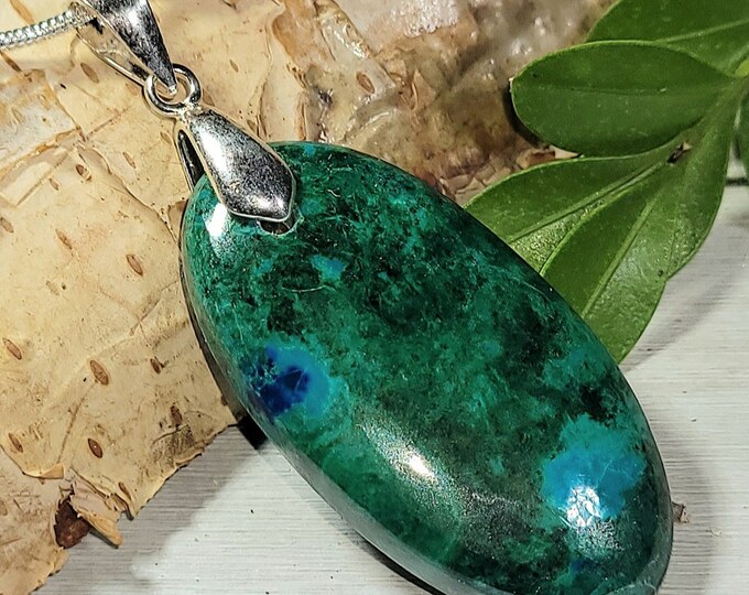 Natural Best Quality  Chrysocolla Oval Cabochon .925 Sterling Silver Pendant 1 7/8" x 3/4" AJ12 Custom Sterling Silver Bail