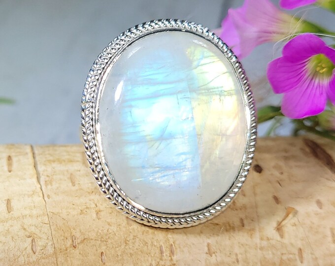 Rainbow Moonstone Ring, Moonstone Ring, Sterling Silver Moonstone Ring, Moonstone Ring Size 9.50, Statement Ring, Boho Ring, FG