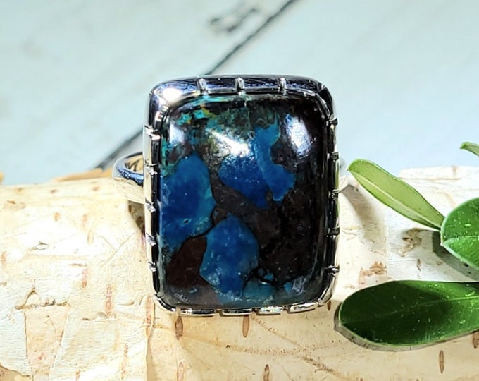 Natural Good Quality Shattuckite Handmade Rectangle .925 Sterling Silver Ring Size 7 8 Grams Face 3/4" x 5/8" AT38
