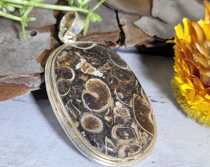 Natural High Grade Turritella Agate Handmade Oval .925 Sterling Silver Pendant 2 1/8" x 1 1/8" 15 Grams CZ03 Gift for Her