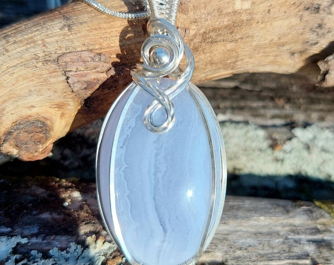 Blue Lace Agate Pendant, Wire Wrapped Blue Lace Agate Sterling Silver Pendant, Solid Sterling Wire Wrapped Pendant, Gift for Her, GC10