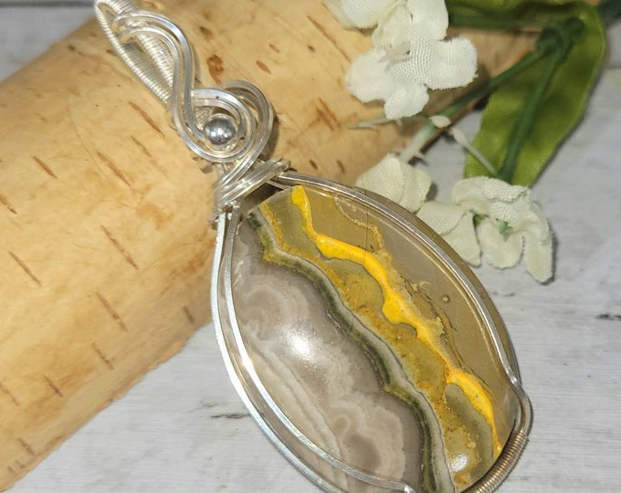 Natural Premium Grade Bumblebee Jasper Hand Wrapped .925 Sterling Silver Pendant 2 3/4" x  1 1/8" DB18 Handmade Wrapped Sterling Silver