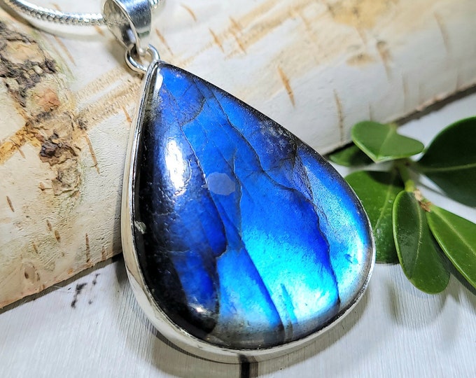 Natural High Grade Blue Labradorite Handmade .925 Sterling Silver Pendant 2 1/8" x 1 1/4" 16 Grams EF15