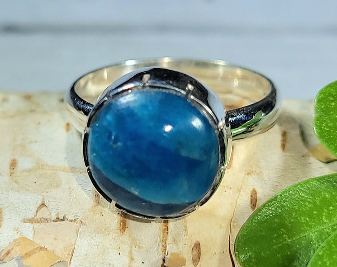 Natural Excellent Quality Round Apatite .925 Sterling Silver Ring Size 6 3 Grams 1/2" Round EY32