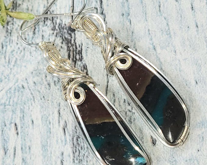 Blue Opalized Earrings, Petrified Wood Earrings, Sterling Silver Wire Wrapped Opalized Earrings, Sterling Silver Blue Opal Earrings JG05