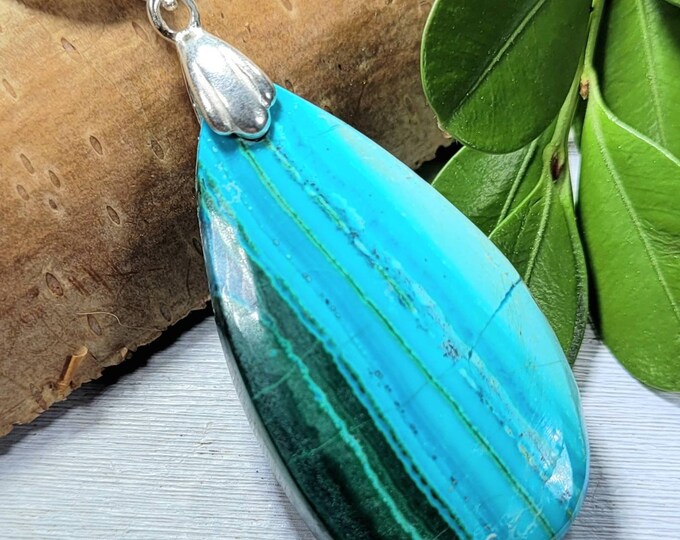 Natural Top Grade Malachite Chrysocolla Cabochon .925 Sterling Silver Pendant 2" x 7/8" FJ13