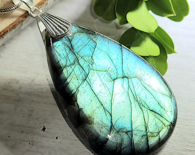 Natural Bright Flash Labradorite .925 Sterling Silver Pendant Designer Bail 2 1/8" x 1" EM14