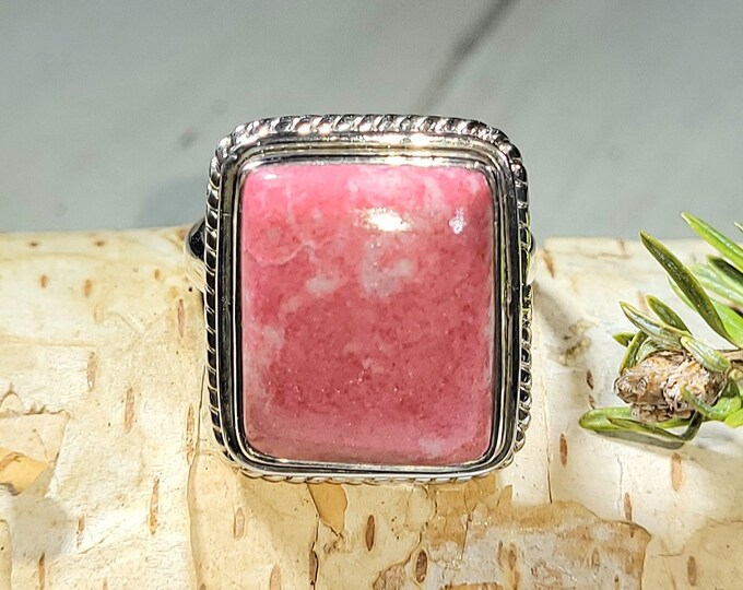 Natural Top Grade Thulite Rectangle Handmade .925 Sterling Silver Ring Size 7 8 Grams 3/4" x 11/16" AM02