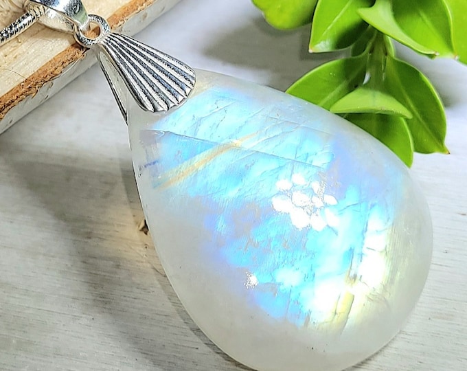 Natural AAA Rainbow Moonstone Pear Cabochon .925 Sterling Silver Pendant Designer Bail 1 7/8" x 1" EM11