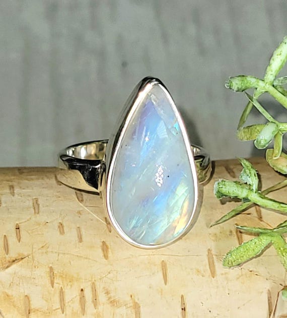 Rainbow Moonstone Sterling Silver Ring, Size Handmade Boho