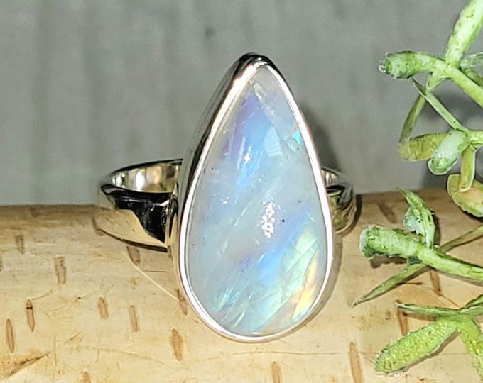 Rainbow Moonstone Ring, Moonstone Ring, Moonstone Sterling Silver Ring Size 6.5, Statement Ring, Handmade Ring, Boho Ring, Gift for Her, HT